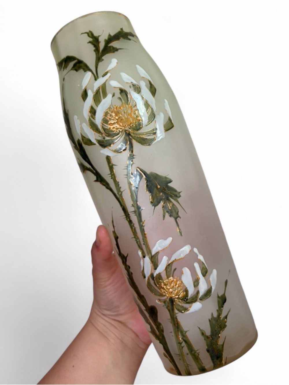 Vintage French Art Nouveau Hand Painted Green to Clear Frosted Glass Floral Vase